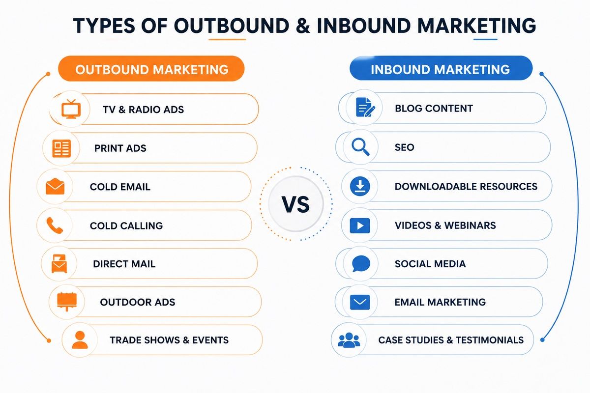 Comparison of outbound and inbound marketing types, listing key methods under each category.