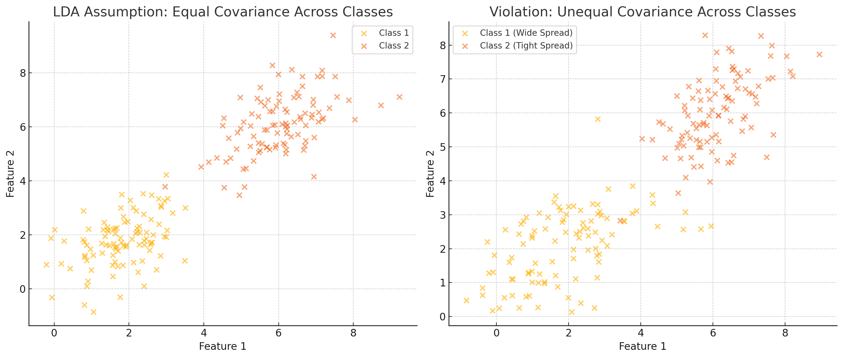 Graphs on LDA Assumption- Equal Covariance Across Classes and Violation- Unequal Covariance Across Classes Graphs on LDA Assumption- Equal Covariance Across Classes and Violation- Unequal Covariance Across Classes