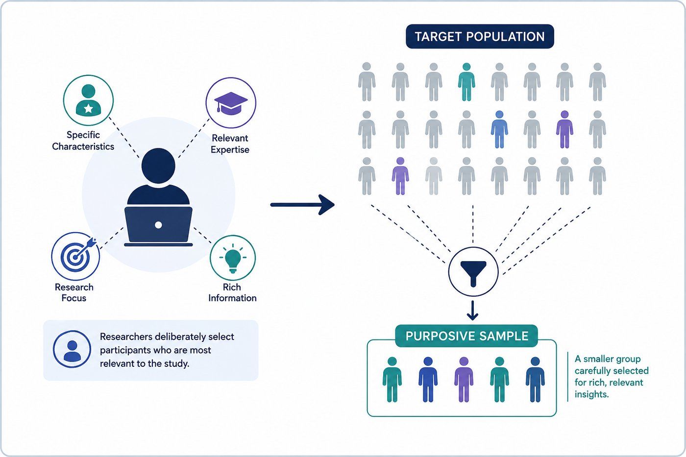 Purposive sampling infographic showing researchers selecting a smaller group of relevant participants from a target population based on specific characteristics, expertise, research focus, and information needs. Purposive sampling infographic showing researchers selecting a smaller group of relevant participants from a target population based on specific characteristics, expertise, research focus, and information needs.