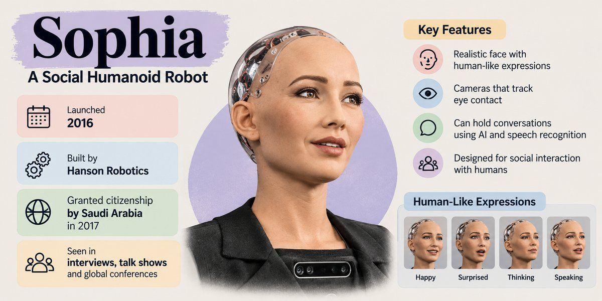 Infographic of Sophia, a social humanoid robot developed by Hanson Robotics, showing her human-like expressions and social interaction features. 