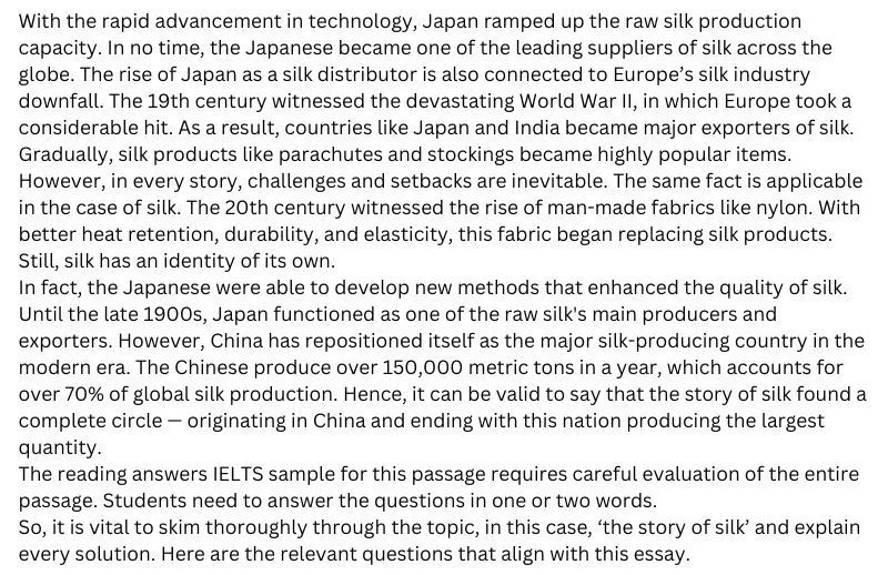 The Story of Silk Reading Answers IELTS Sample The Story of Silk Reading Answers IELTS Sample