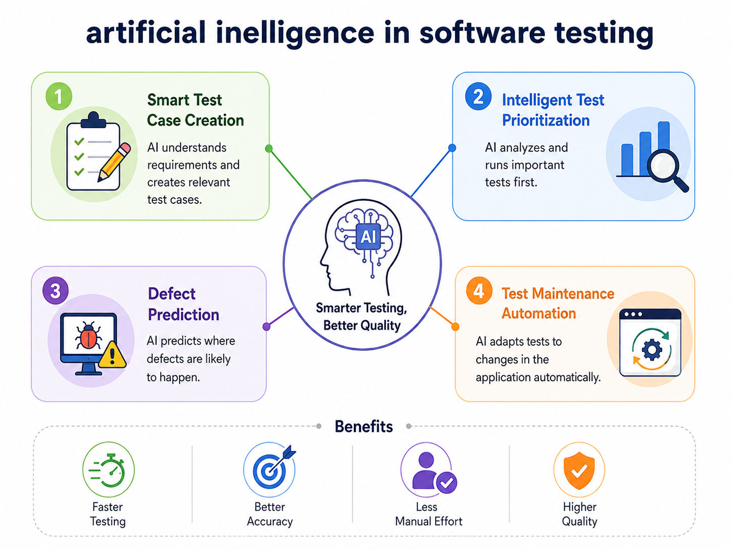 **Alt Text:** Infographic on **Artificial Intelligence in Software Testing** showing AI methods such as test case creation, test prioritization, defect prediction, and test maintenance, along with benefits like faster testing, better accuracy, less effort **Alt Text:** Infographic on **Artificial Intelligence in Software Testing** showing AI methods such as test case creation, test prioritization, defect prediction, and test maintenance, along with benefits like faster testing, better accuracy, less effort