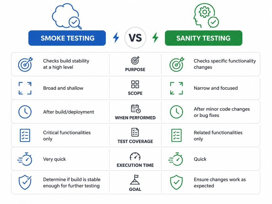 Key Differences between Smoke Testing and Sanity Testing Key Differences between Smoke Testing and Sanity Testing