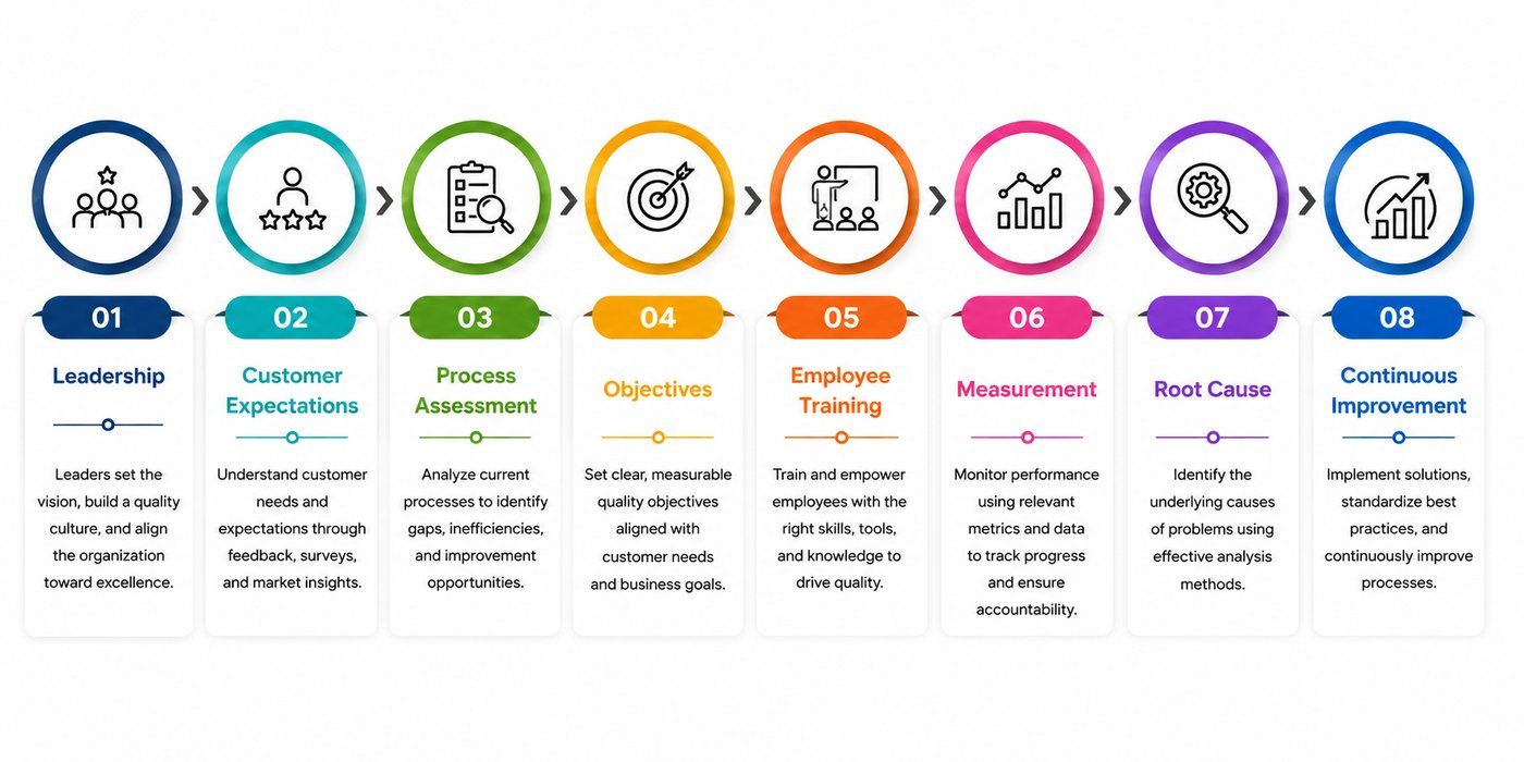 Total Quality Management implementation process showing eight steps: Leadership, Customer Expectations, Process Assessment, Objectives, Employee Training, Measurement, Root Cause, and Continuous Improvement.