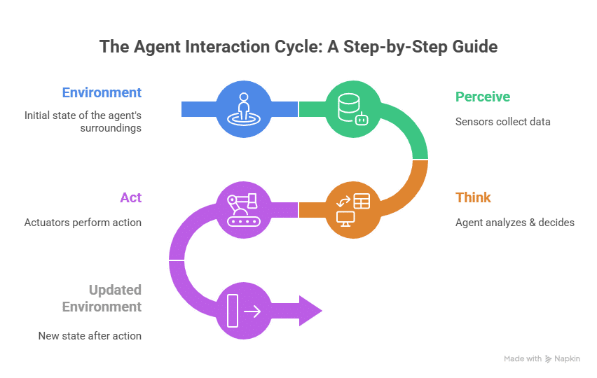 An Agent Perceives → Thinks → Acts . This is the simplest way to visualize how agents work.
