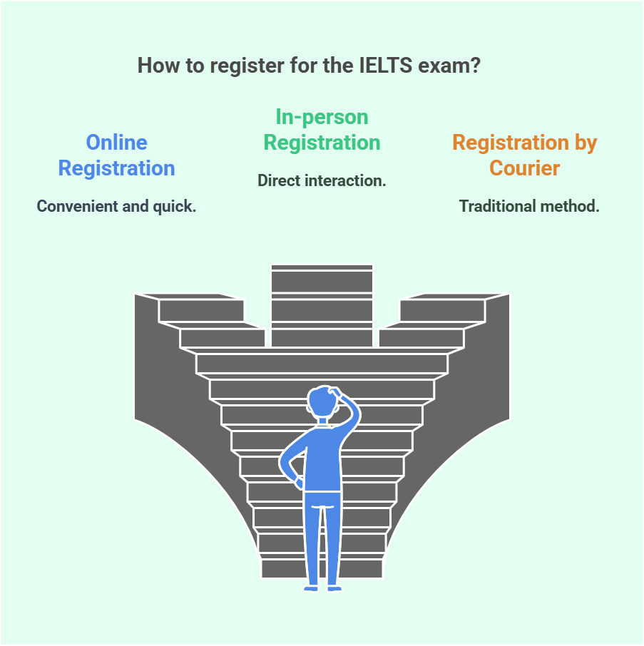 Illustration of a person deciding between three IELTS registration methods Illustration of a person deciding between three IELTS registration methods