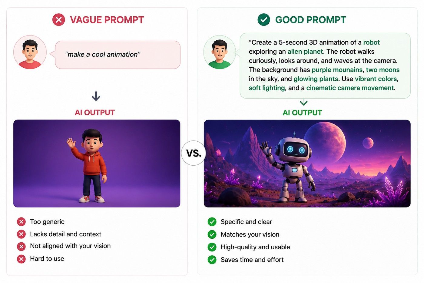 Comparison of a vague animation prompt and a detailed AI animation prompt, showing how specific instructions produce a more defined and visually accurate animated scene.
