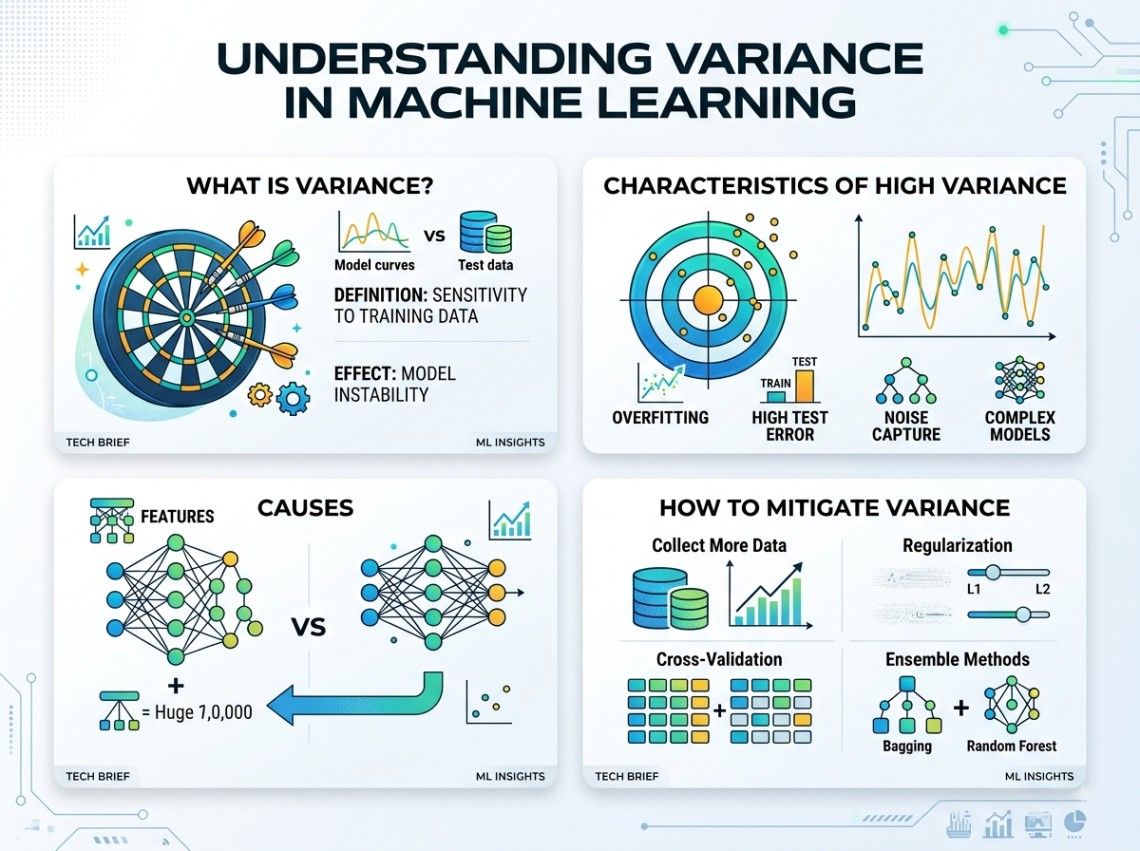 An infographic defining and visually illustrating variance in machine learning, covering its characteristics, common causes, and mitigation strategies. An infographic defining and visually illustrating variance in machine learning, covering its characteristics, common causes, and mitigation strategies.