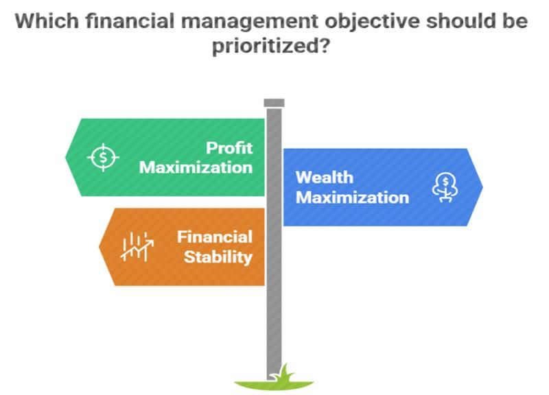 Diagram comparing financial management objectives: profit maximization, financial stability, and wealth maximization. Diagram comparing financial management objectives: profit maximization, financial stability, and wealth maximization.