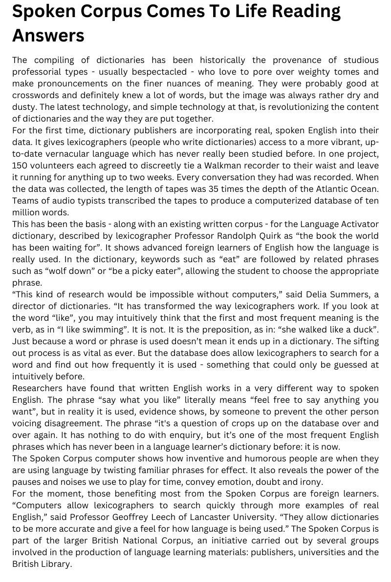 Spoken Corpus comes to life Reading Answers IELTS Sample