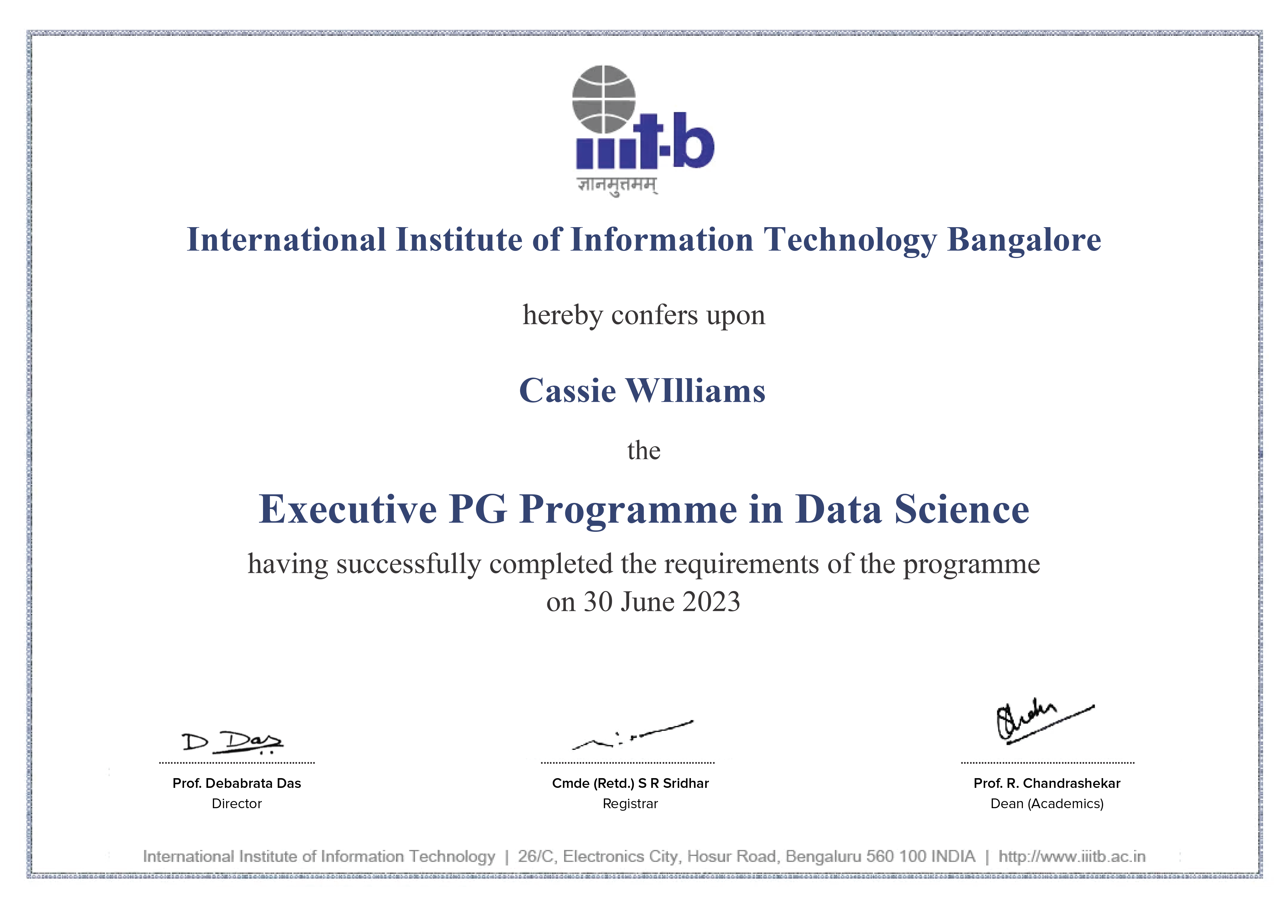Complete all the courses successfully to obtain this prestigious recognition from IIITB with a specialization in any of the following: Natural Language Processing, Deep Learning, Business Intelligence/ Data Analytics, Business Analytics & Data Engineering