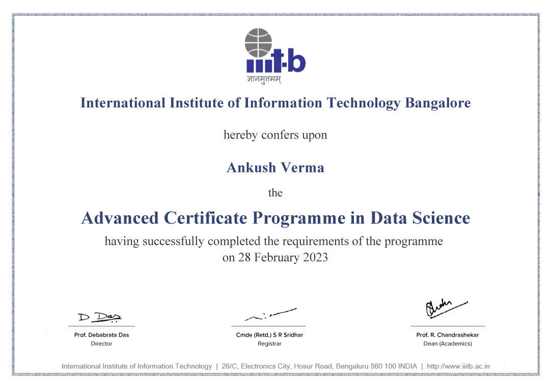 Advanced Certificate Programme in Data Science from IIIT Bangalore