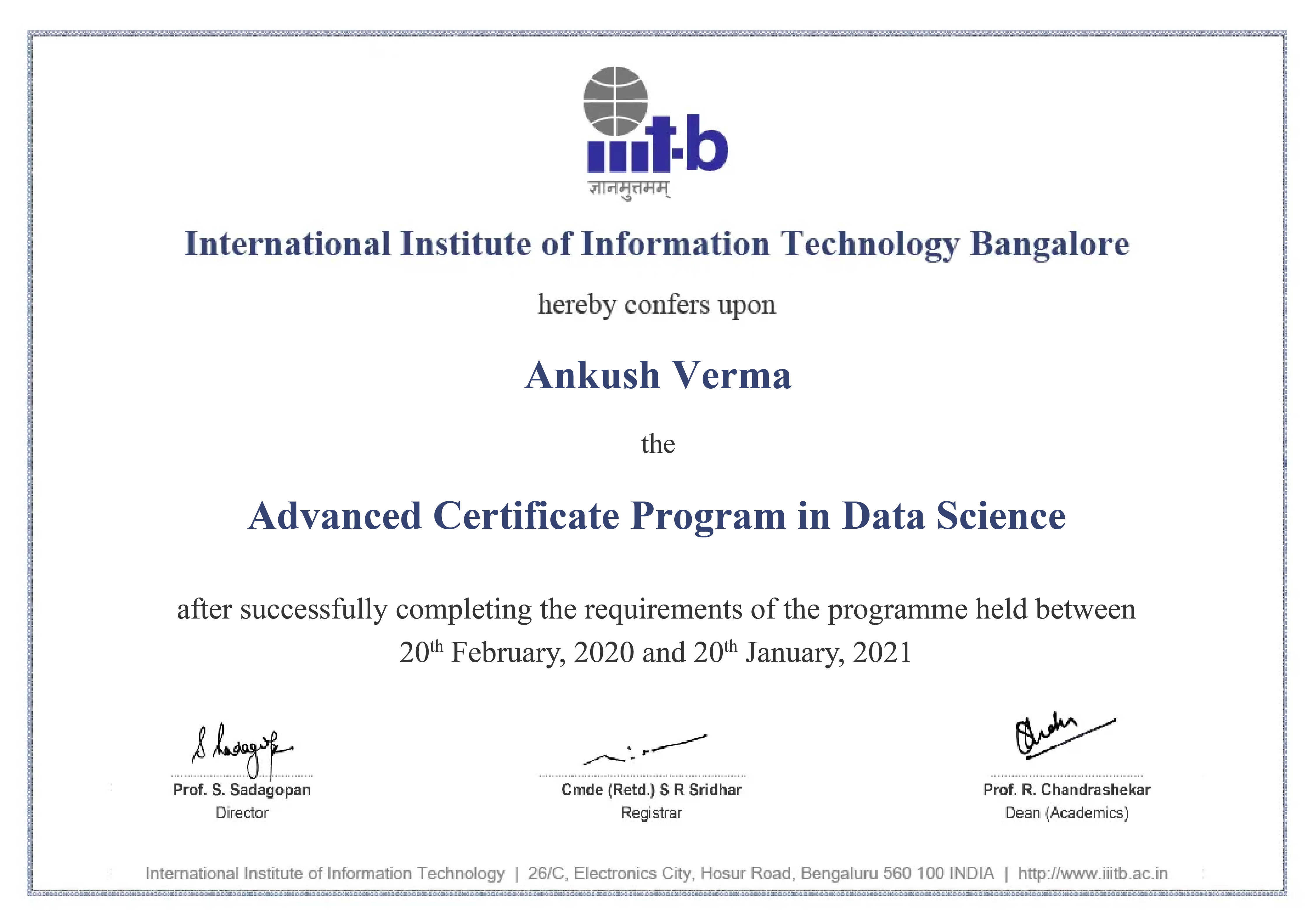 Advanced Certificate Program from IIIT Bangalore
