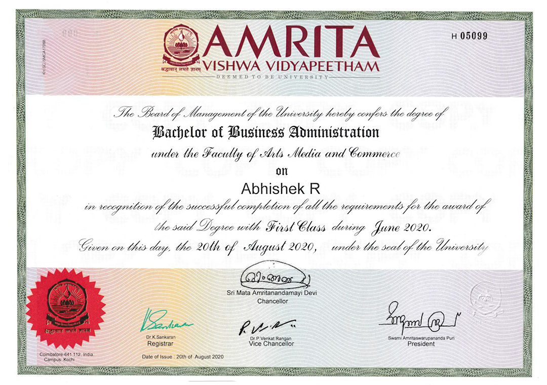 Bachelor of Business Administration from Amrita Vishwa Vidyapeetham - Ahead Online