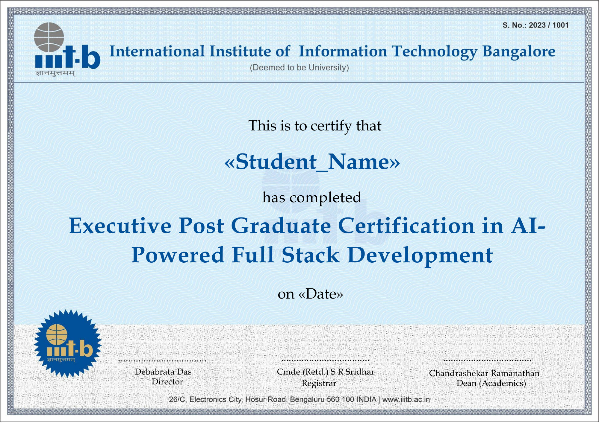 Executive Post Graduate Certificate from IIIT Bangalore