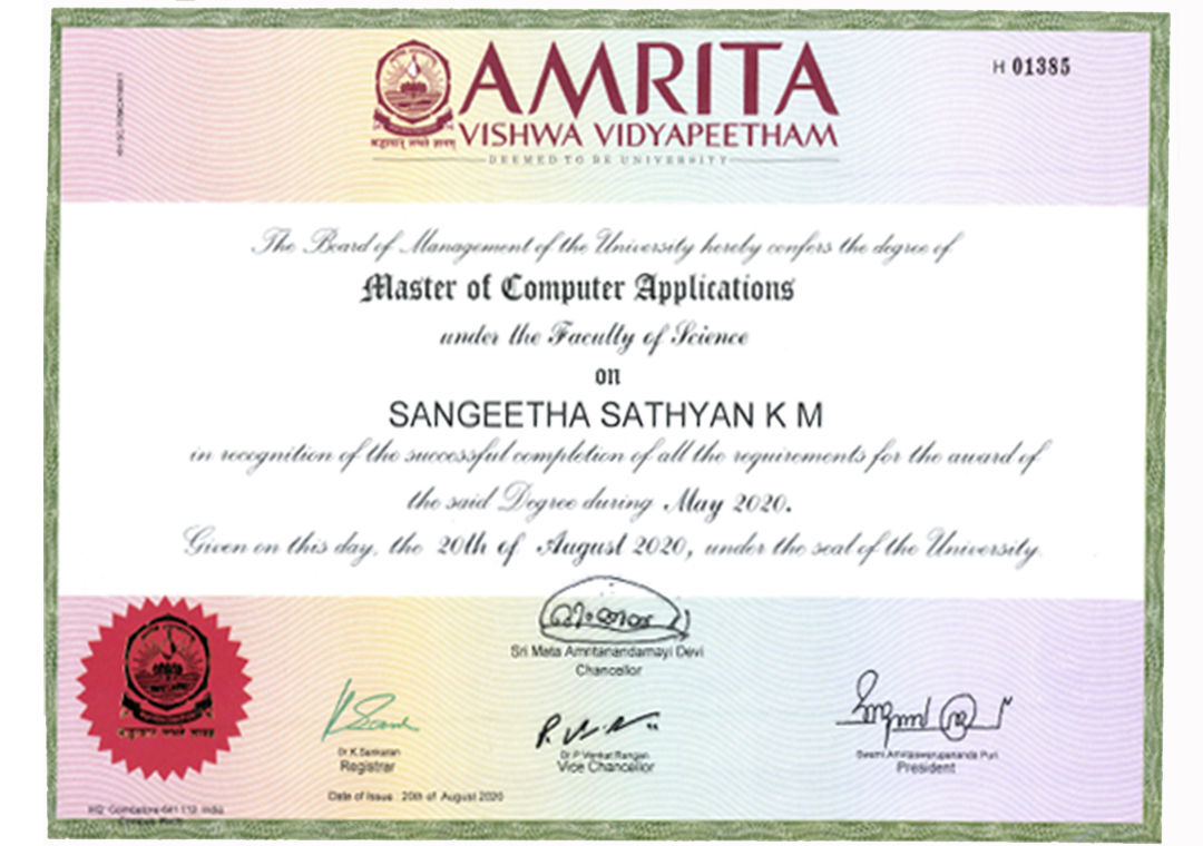 MCA - Artificial Intelligence from Amrita Vishwa Vidyapeetham-Ahead Online