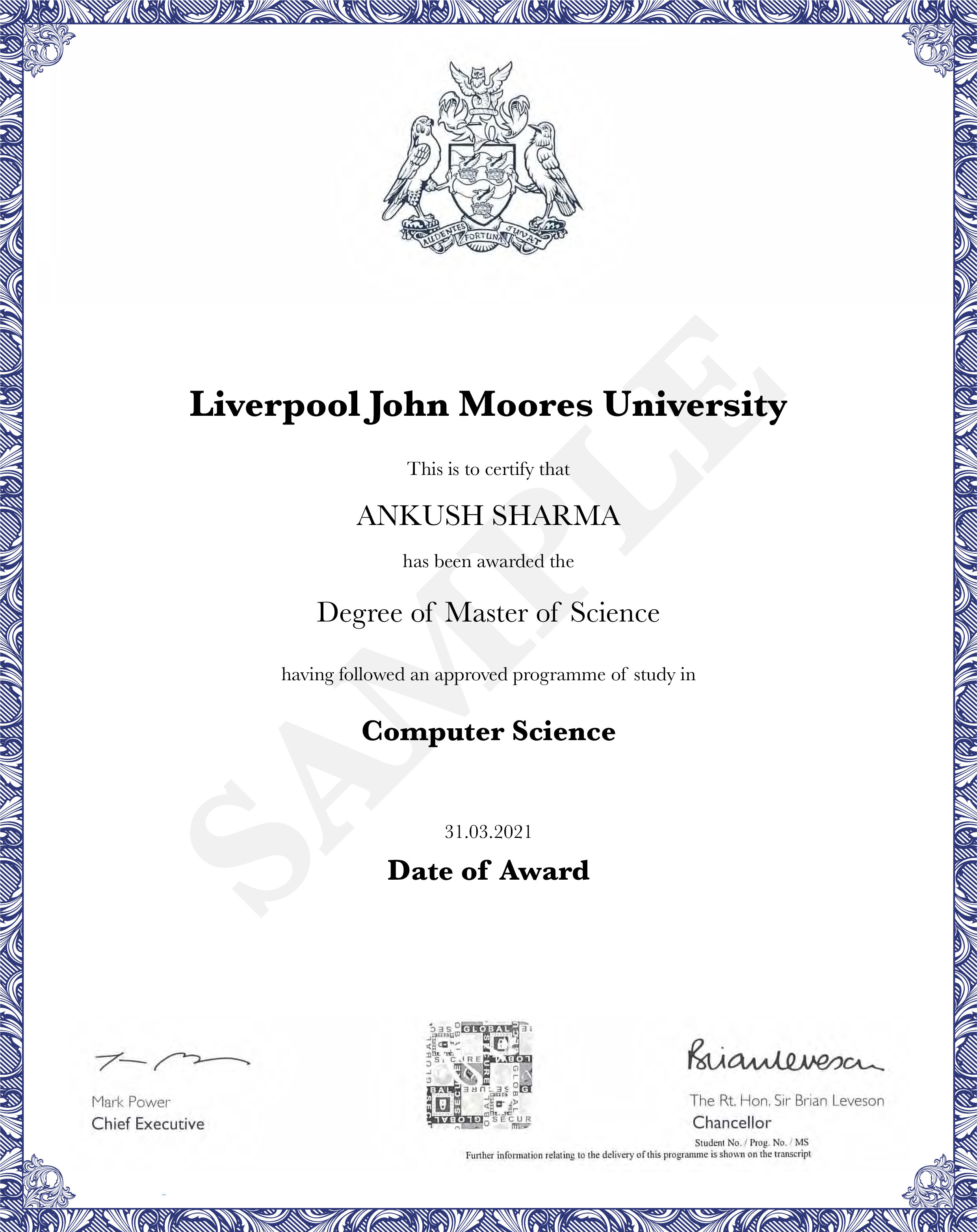 Master's Degree from LJMU