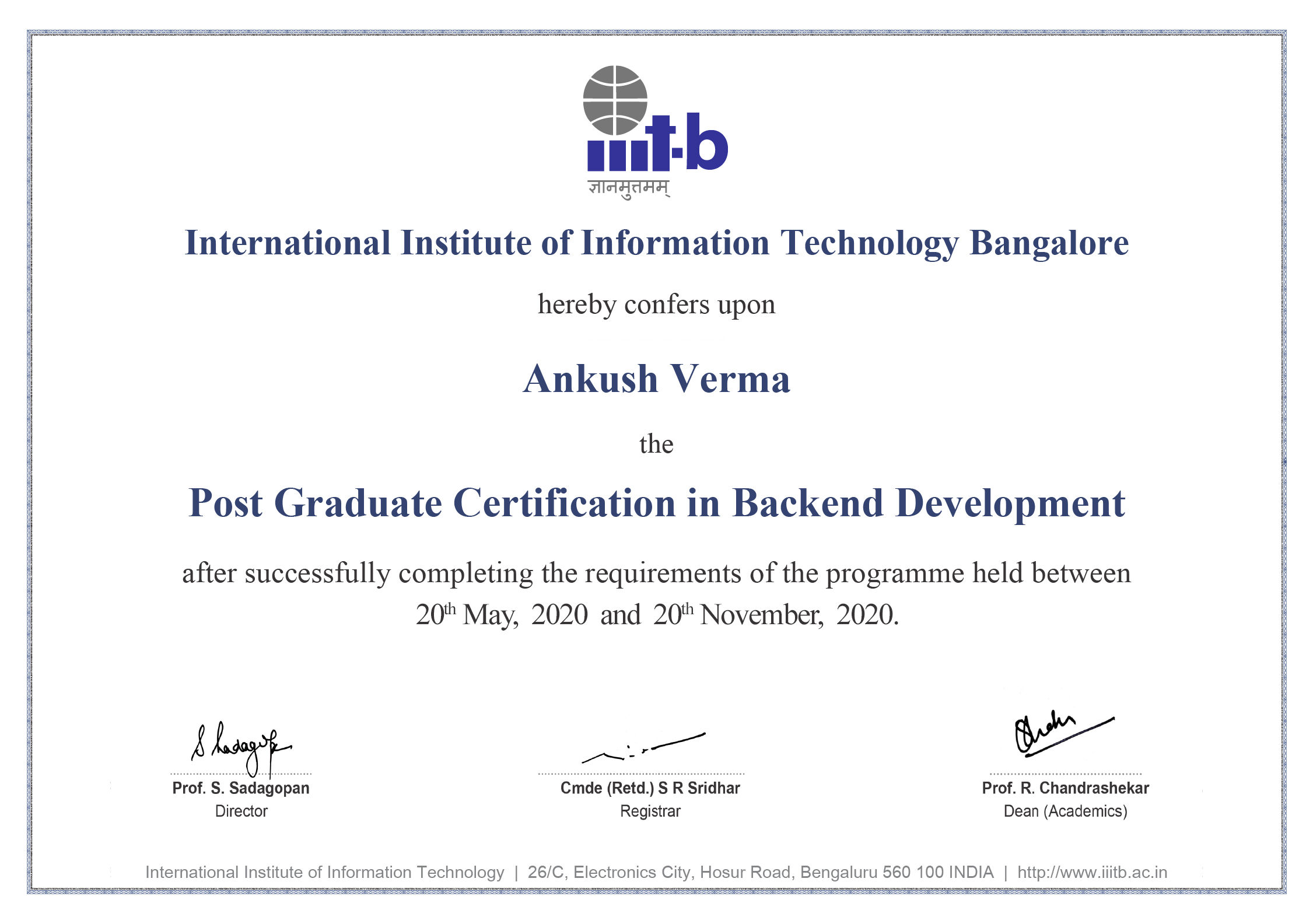 Post Graduate Certification from IIIT Bangalore