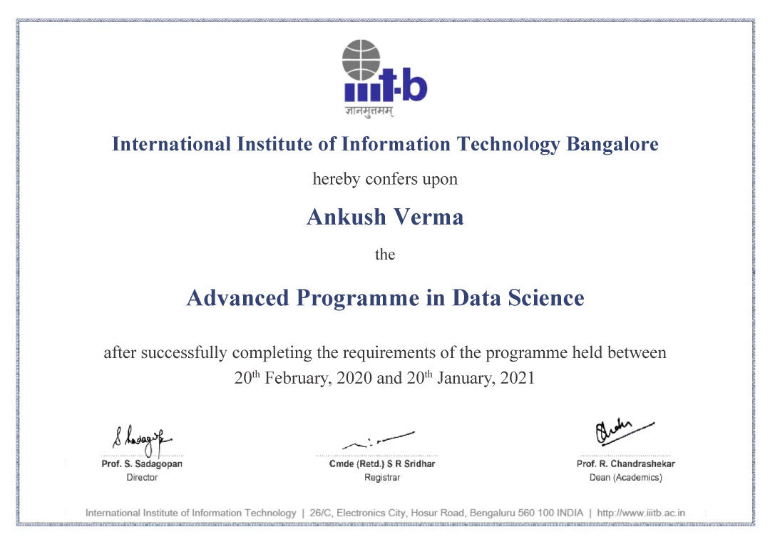 Advanced Programme in Data Science from IIIT Bangalore