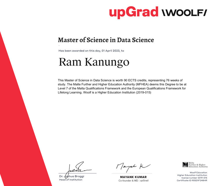 Masters of Science in Machine Learning & AI from upGrad and WOOLF