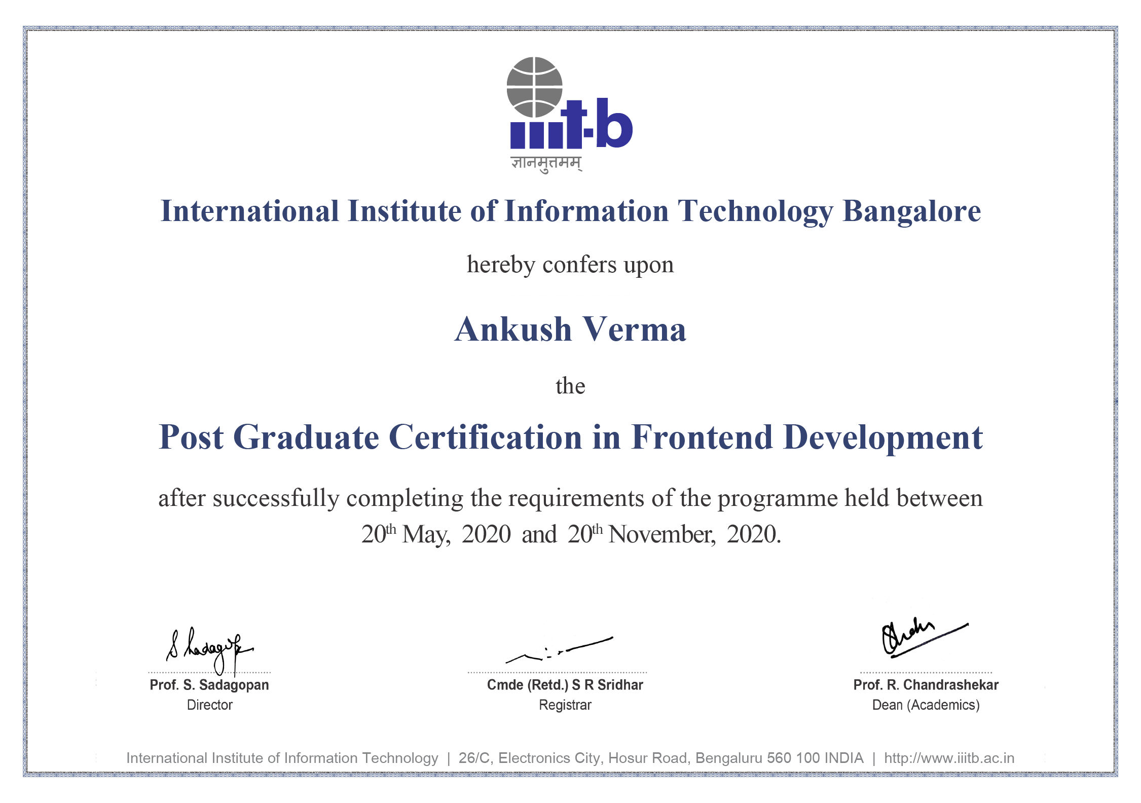 Post Graduate Certification from IIIT Bangalore