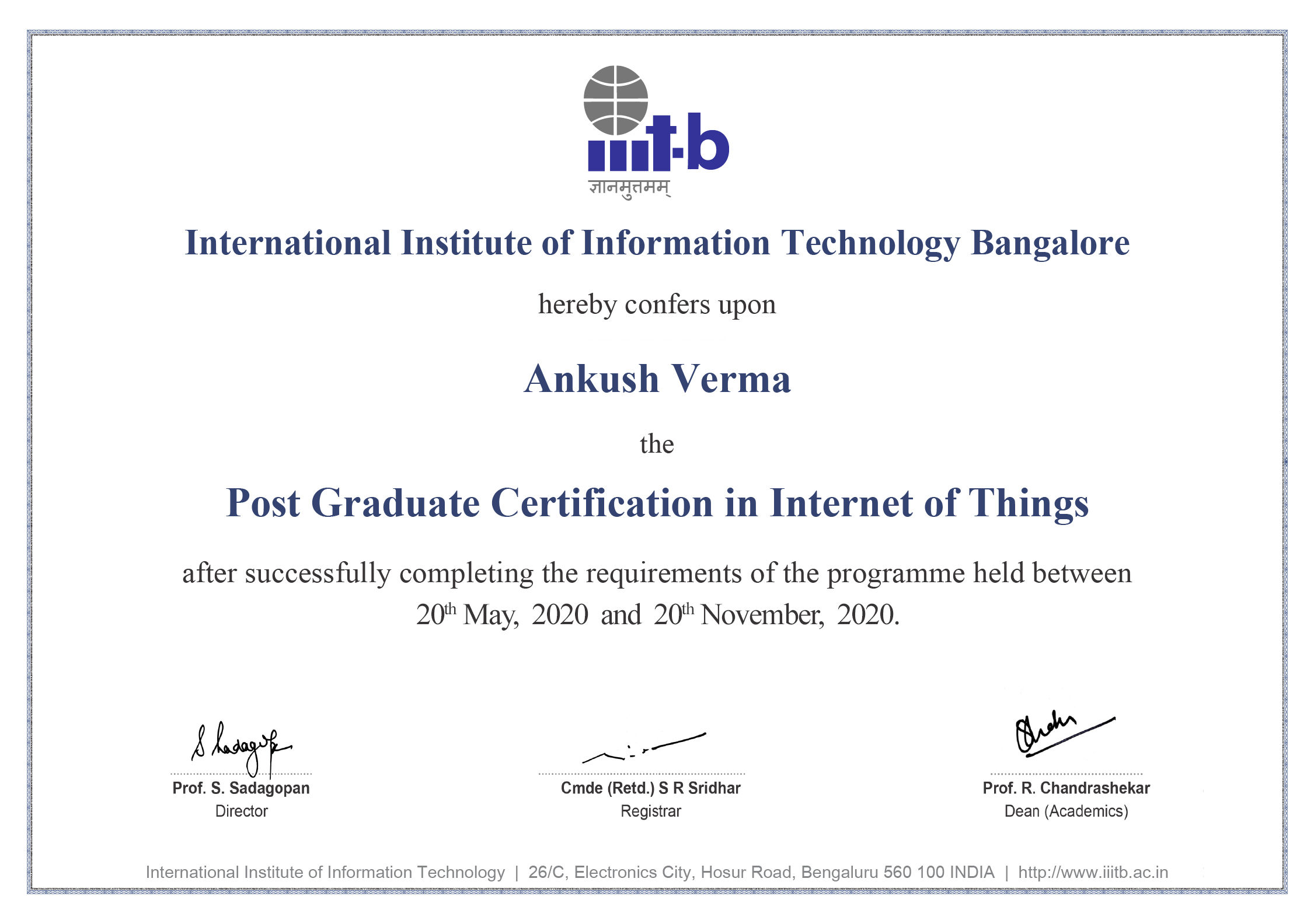 Post Graduate Certification from IIIT Bangalore
