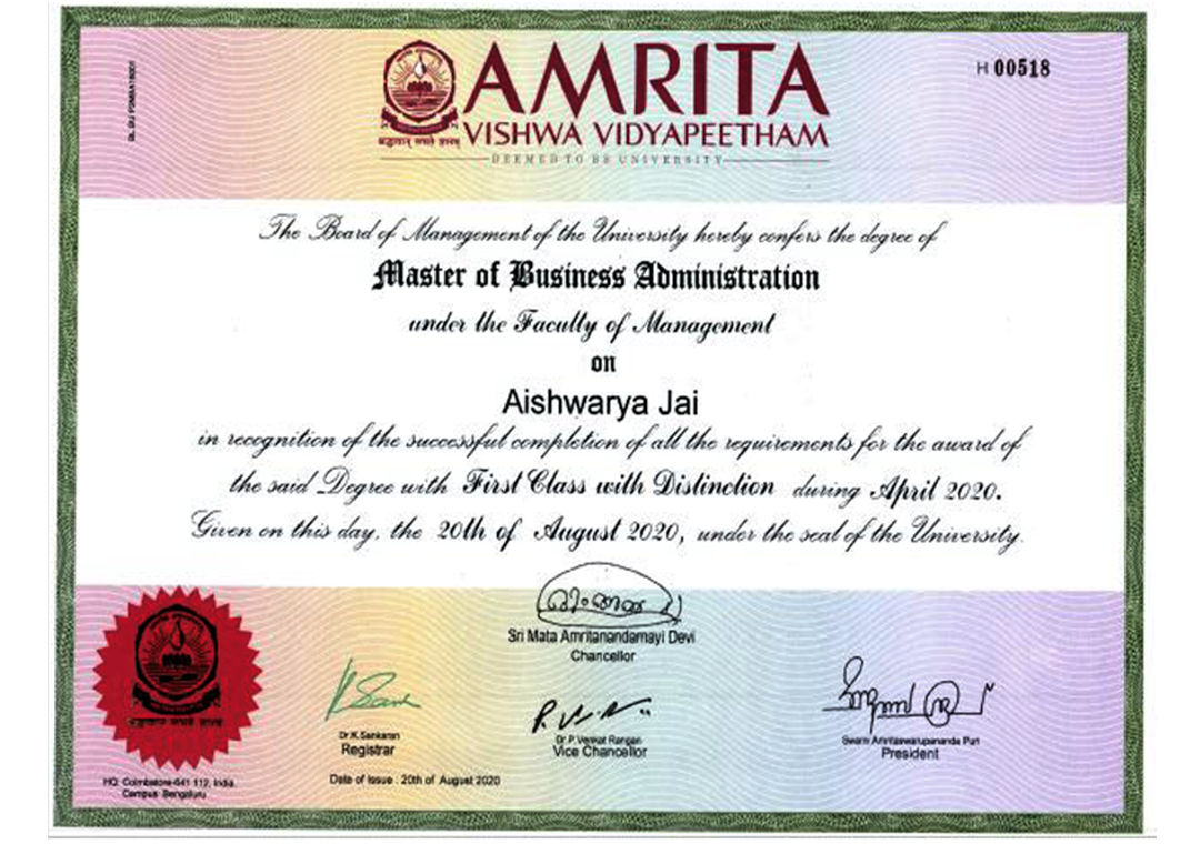 Master of Business Administration from Amrita Vishwa Vidyapeetham - Ahead Online