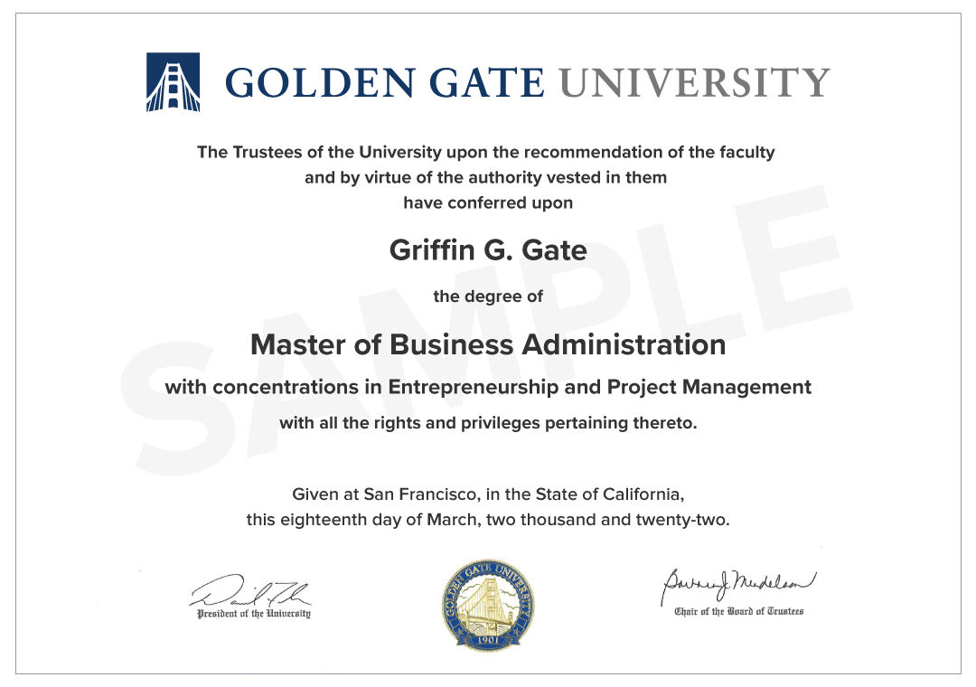 Master of Business Administration from Golden Gate University, San Francisco