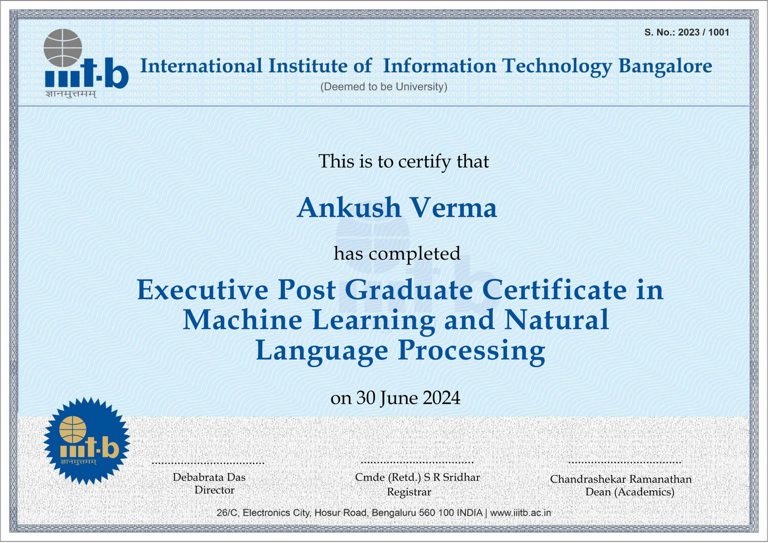 Post Graduate Certificate in Machine Learning & NLP (Executive) from IIIT Bangalore