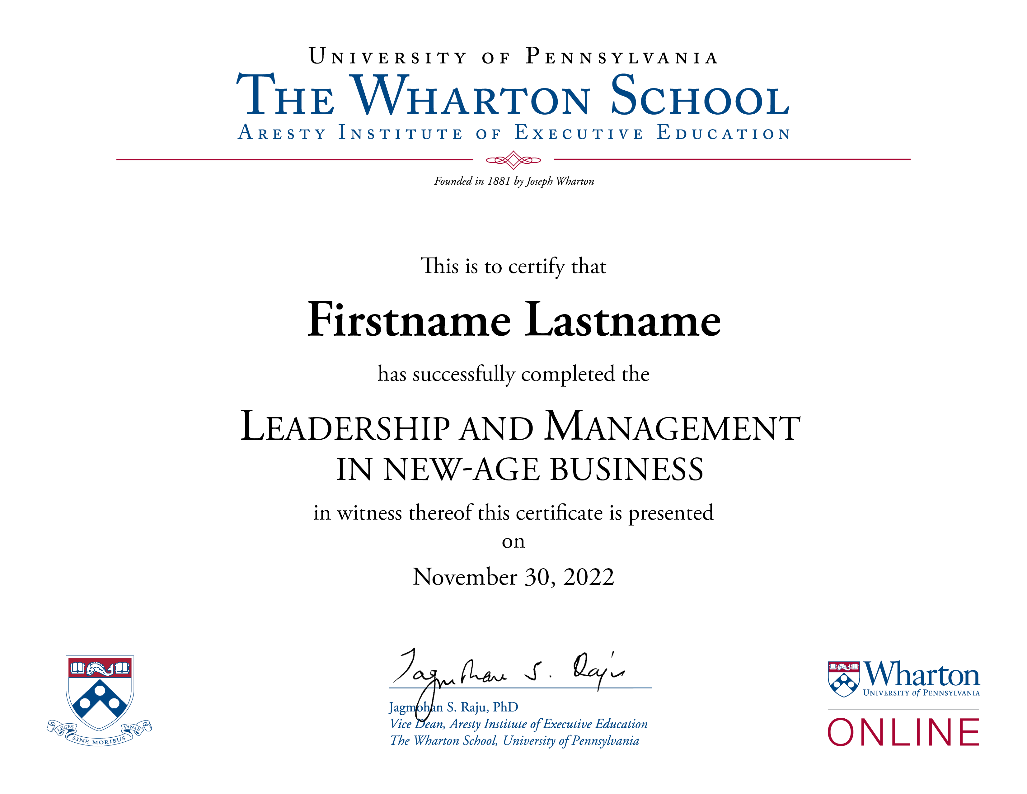 Leadership and Management in New Age Businesses from The Wharton School upGrad