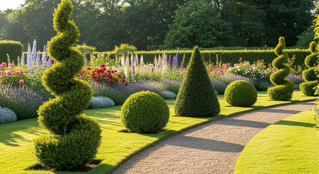 Decorative topiary shrubs shaped into artistic geometric forms