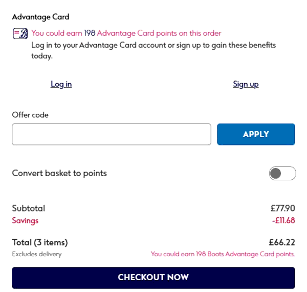 Boots shopping basket screenshot
