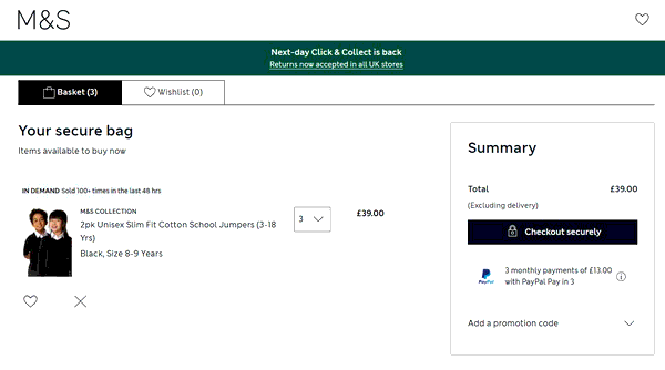 Marks & Spencer shopping basket screenshot