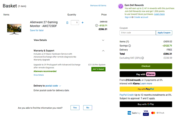 Dell shopping basket screenshot