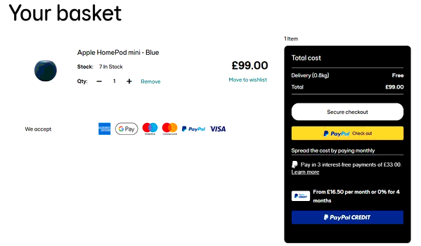 EE Store shopping basket screenshot
