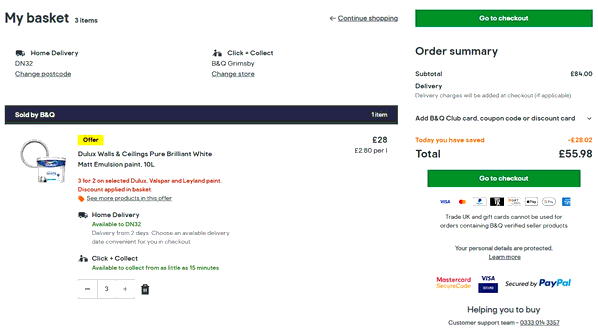 B&Q shopping basket screenshot