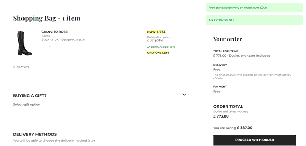 YOOX shopping basket screenshot