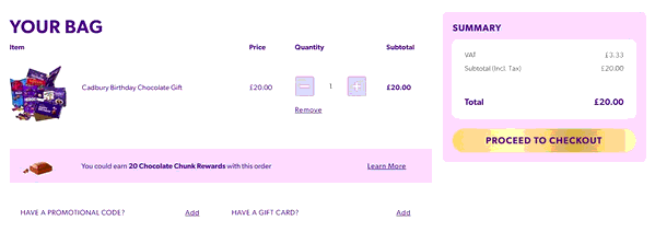 Cadbury Gifts shopping basket screenshot