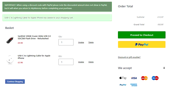 MyMemory shopping basket screenshot