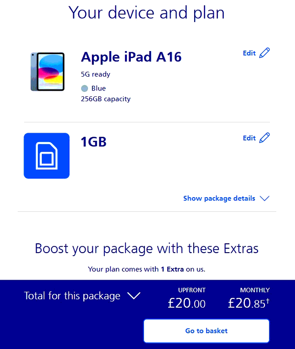 O2 shopping basket screenshot