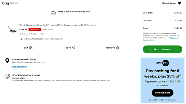 JD Williams shopping basket screenshot