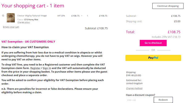 HotHair shopping basket screenshot