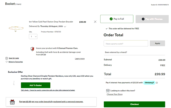 H.Samuel shopping basket screenshot