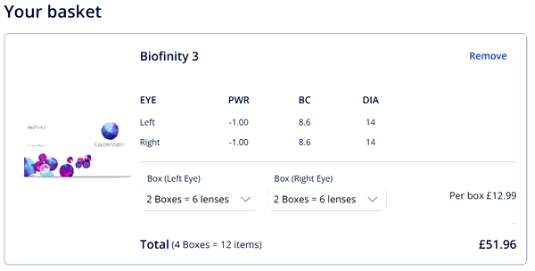 Vision Direct shopping basket screenshot
