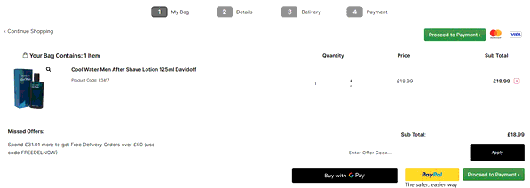 Direct Cosmetics shopping basket screenshot