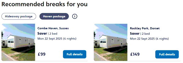 Haven UK Holidays shopping basket screenshot