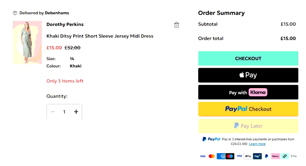 Debenhams shopping basket screenshot