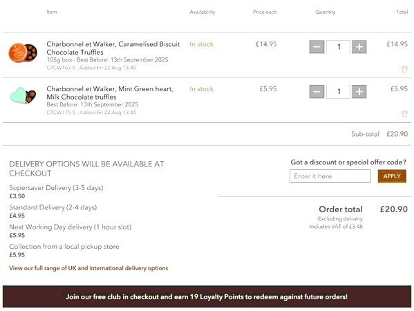 Chocolate Trading Co shopping basket screenshot