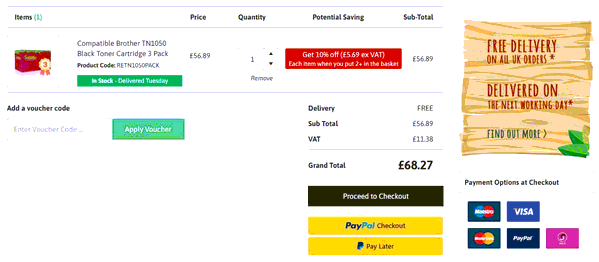 Cartridge Monkey shopping basket screenshot