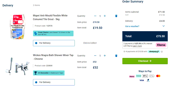 Wickes shopping basket screenshot